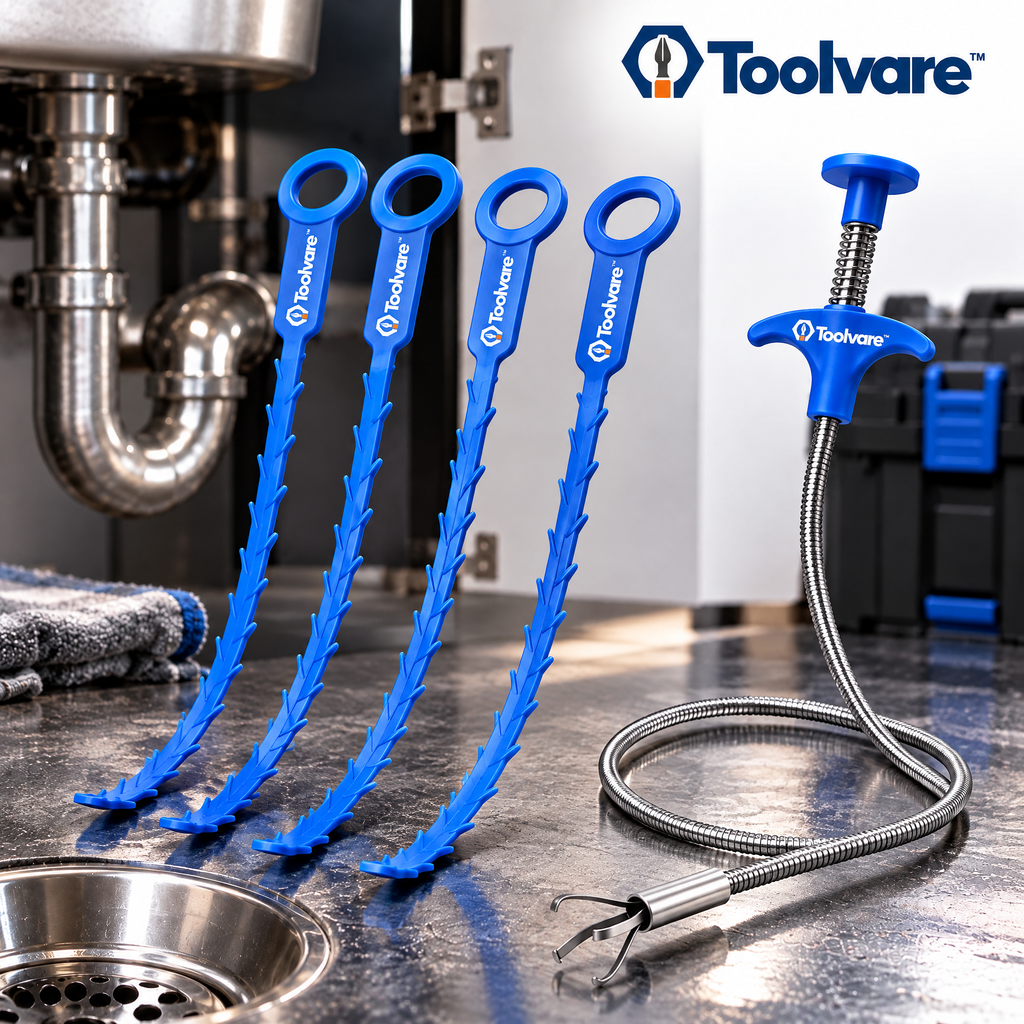 Toolvare™ 5-Piece Flexible Drain Cleaning Tool Set with Barbed Strips & Claw Grabber