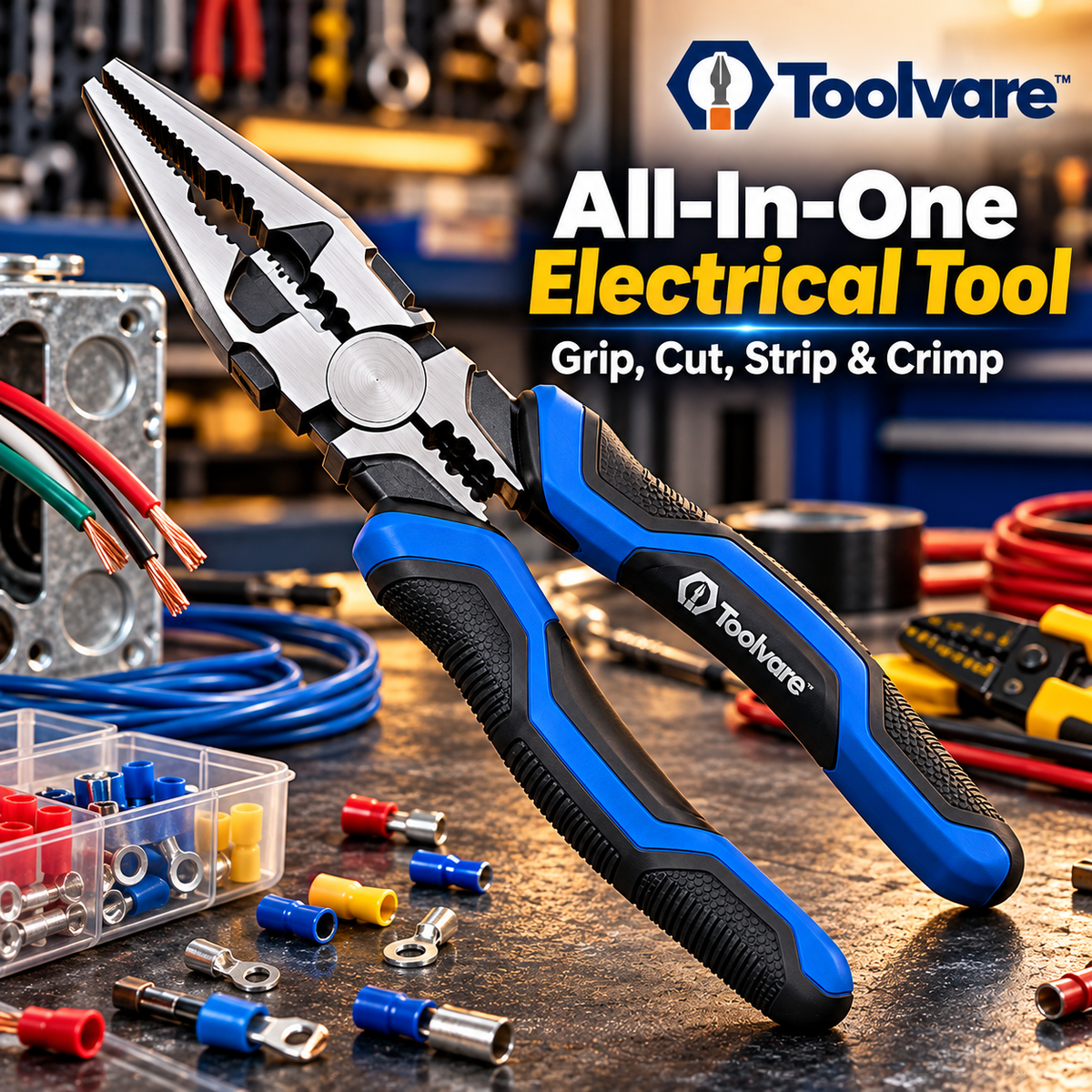 Toolvare™ Multi-Function Electrician Pliers with Cutting, Stripping & Crimping Functions