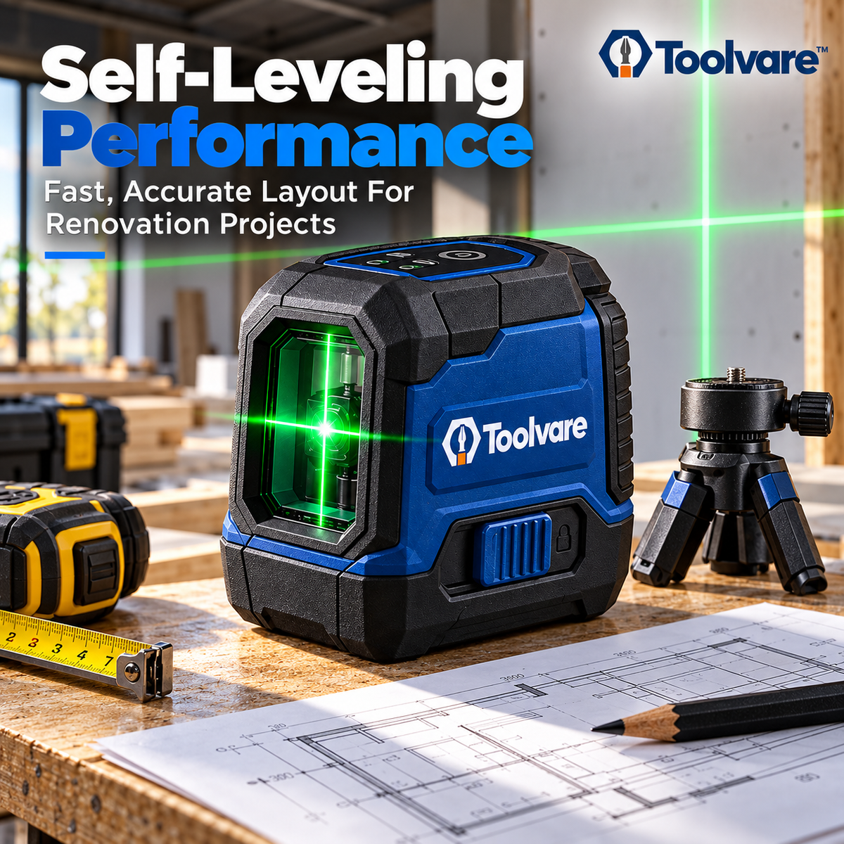 Toolvare™ Green Cross-Line Laser Level with Self-Leveling Alignment System
