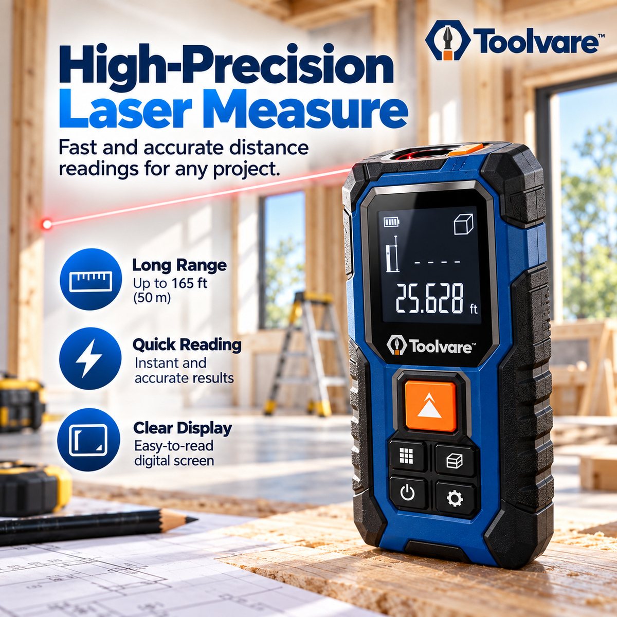 Toolvare™ Digital Laser Distance Meter with Accurate Measurement & Backlit LCD Display