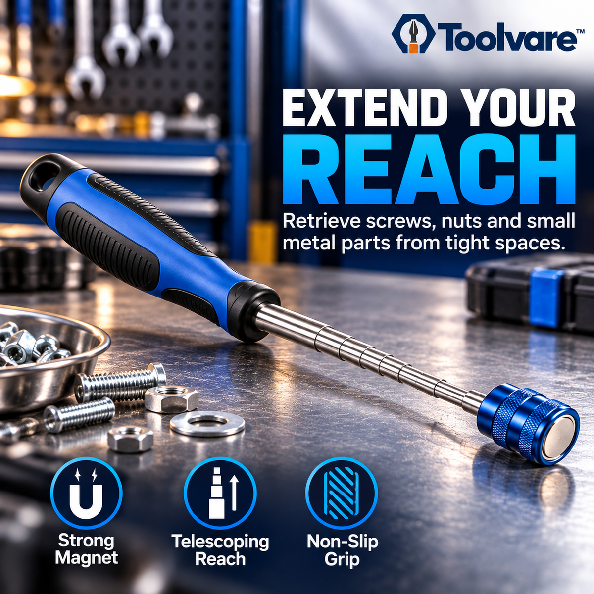 Toolvare™ 25-Inch Telescoping Magnetic Pickup Tool with LED Light & Strong Magnetic Head