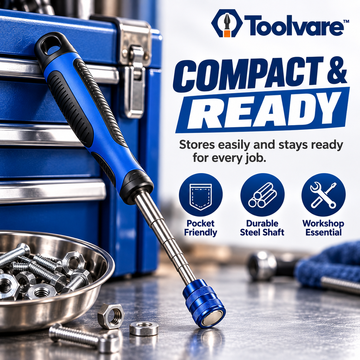 Toolvare™ 25-Inch Telescoping Magnetic Pickup Tool with LED Light & Strong Magnetic Head