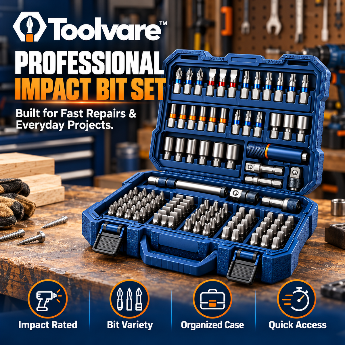 Toolvare™ Professional Impact Drill Bit Set with Multi-Size Hex Shank Screwdriver Bits