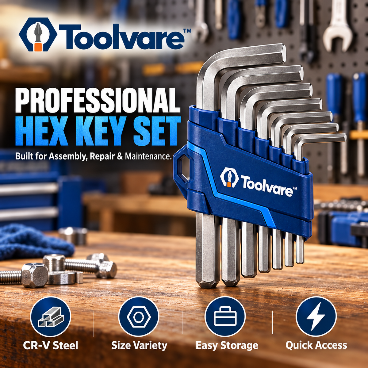 Toolvare™ Hardened Alloy Steel Hex Key Set with Multi-Size L-Shaped Wrenches