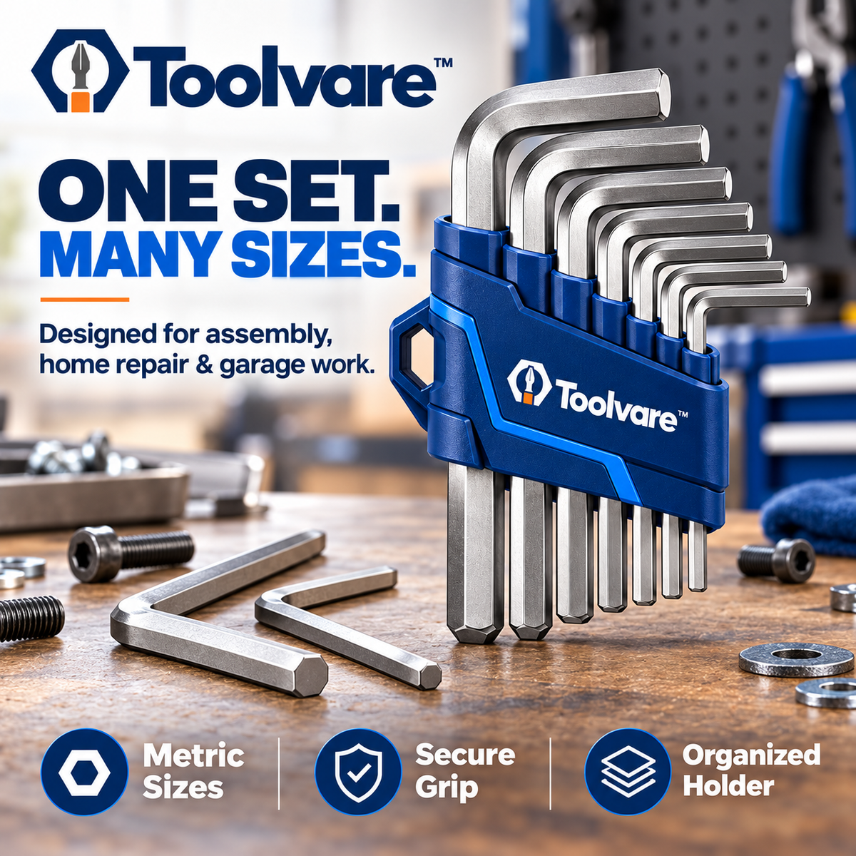 Toolvare™ Hardened Alloy Steel Hex Key Set with Multi-Size L-Shaped Wrenches