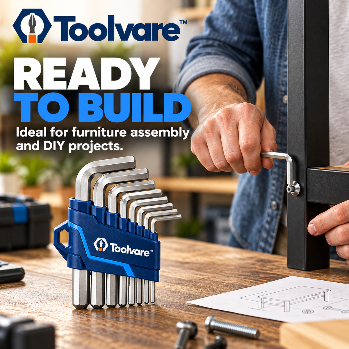 Toolvare™ Hardened Alloy Steel Hex Key Set with Multi-Size L-Shaped Wrenches
