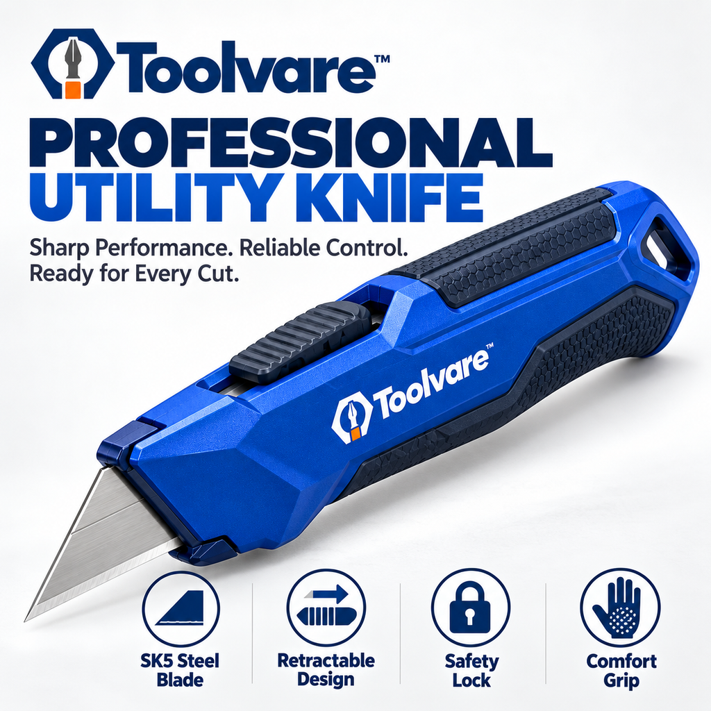 Toolvare™ Professional Retractable Utility Knife with SK5 Steel Blade & Safety Lock