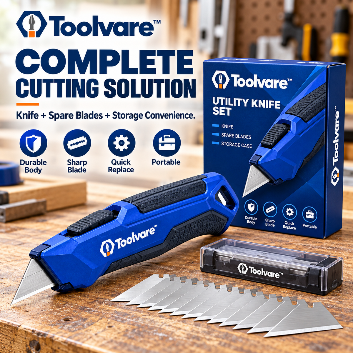 Toolvare™ Professional Retractable Utility Knife with SK5 Steel Blade & Safety Lock