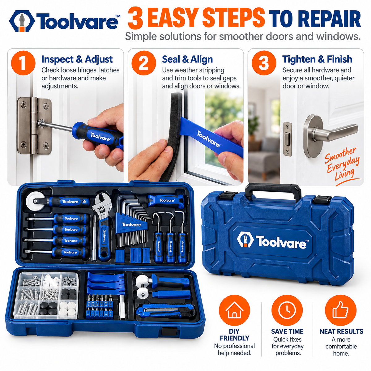 Toolvare™ Door & Window Repair Tool Kit with Multi-Function Home Maintenance Tools & Storage Case