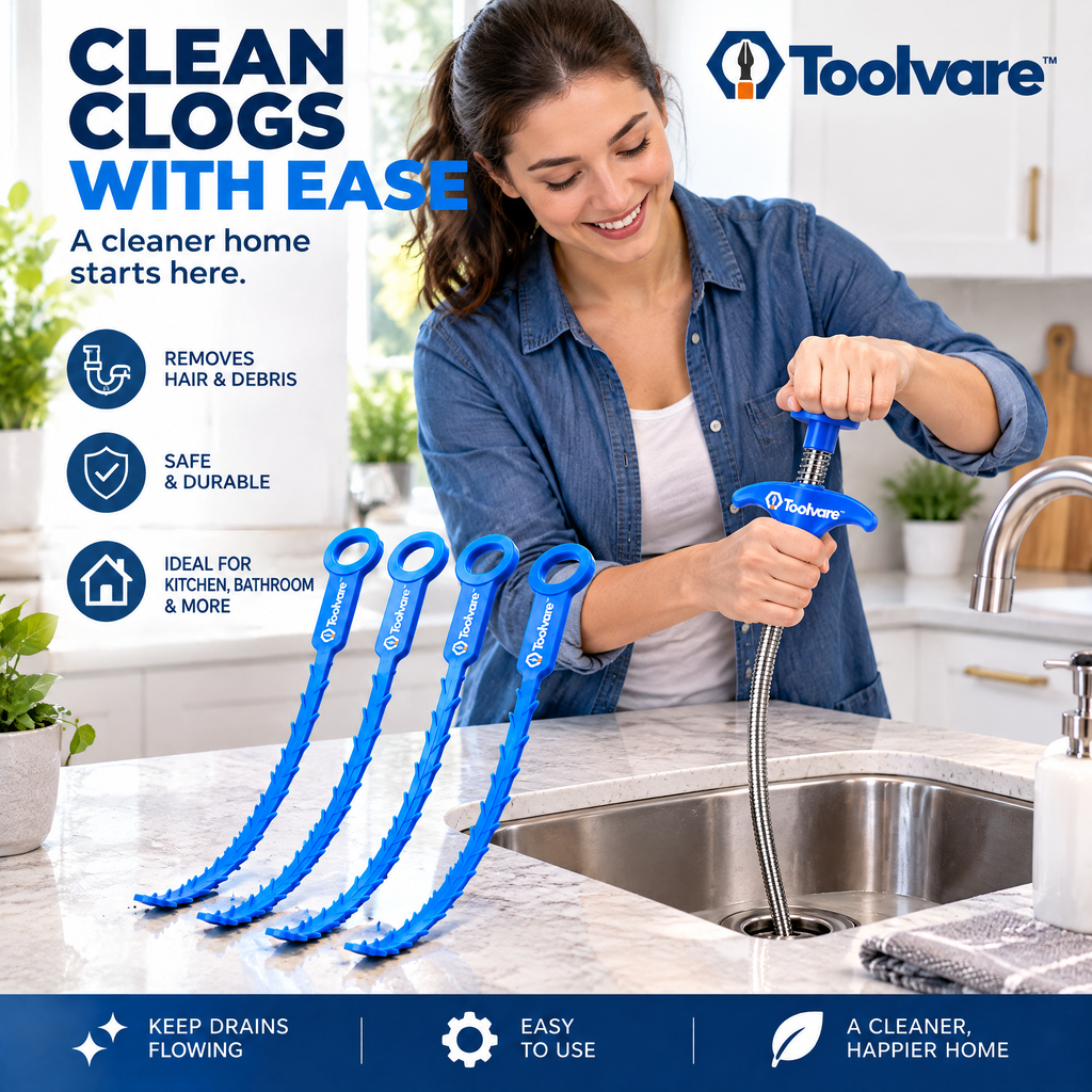 Toolvare™ 5-Piece Flexible Drain Cleaning Tool Set with Barbed Strips & Claw Grabber