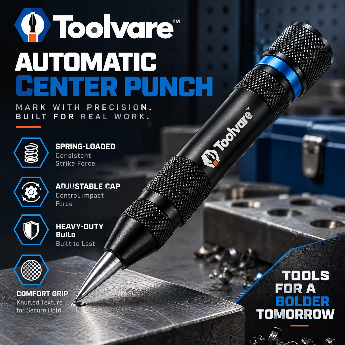 Toolvare™ Automatic Spring-Loaded Center Punch with Hardened Steel Precision Tip