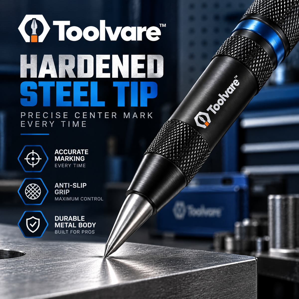 Toolvare™ Automatic Spring-Loaded Center Punch with Hardened Steel Precision Tip