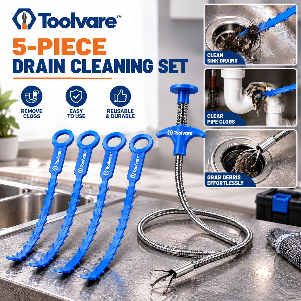 Toolvare™ 5-Piece Flexible Drain Cleaning Tool Set with Barbed Strips & Claw Grabber