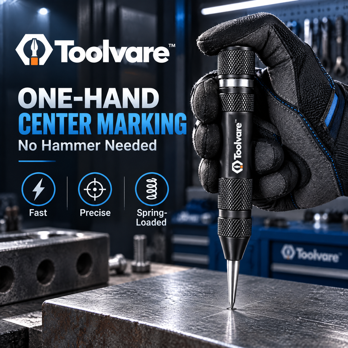 Toolvare™ Automatic Spring-Loaded Center Punch with Hardened Steel Precision Tip