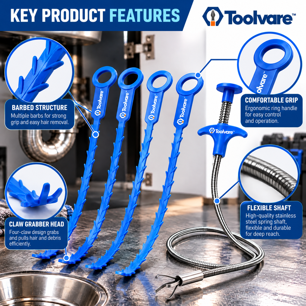 Toolvare™ 5-Piece Flexible Drain Cleaning Tool Set with Barbed Strips & Claw Grabber