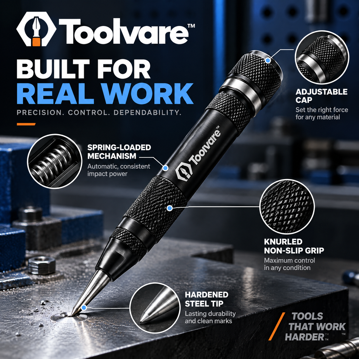 Toolvare™ Automatic Spring-Loaded Center Punch with Hardened Steel Precision Tip