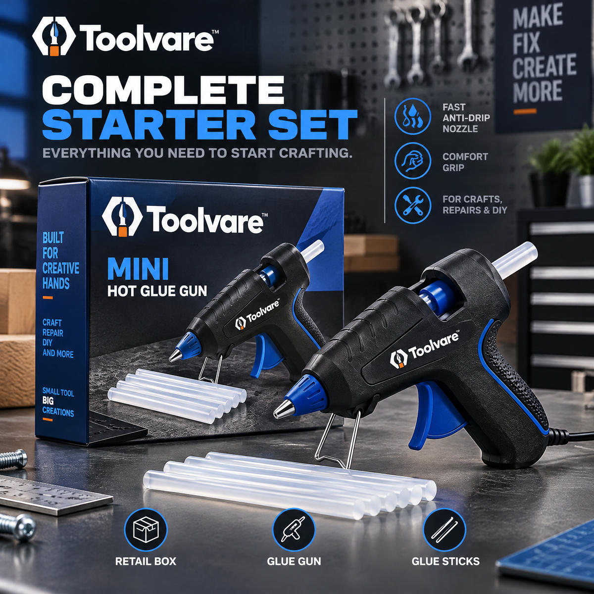 Toolvare™ Mini Fast-Heating Hot Glue Gun with Anti-Drip Nozzle for DIY & Repair Projects